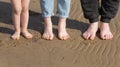 Child feet, woman feet and man feet barefoot standing in a row on the sand beach Royalty Free Stock Photo