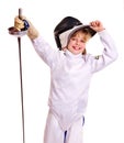 Child in fencing costume holding epee . Royalty Free Stock Photo