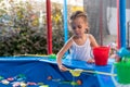 Child Fisher Catching Plastic Toy Fish On Pool Amusement Park Summer Day Royalty Free Stock Photo