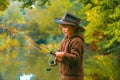 Child fishing at autumn lake. Kid with fishingrod. Royalty Free Stock Photo