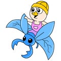 A child flies on a blue insect