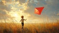 Child flies red kite sunset field, summer joy Royalty Free Stock Photo