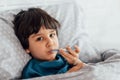 Child flu sick, boy with medical thermometer in mouth, health illness. Kid with cold rhinitis, Royalty Free Stock Photo