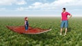 Child on flying carpet and man