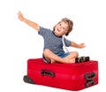 Child Flying on Travel Suitcase, Kid Pilot in Aviator Hat, White Royalty Free Stock Photo