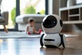 Child-focused robotic companion in modern living room, with its sleek white and black design capturing the essence of