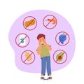 Child With Food Allergy Symptoms. Boy Character With Allergic Reaction On Peanut, Shrimps, Grapes, Avocado, Cereals