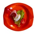 Colorful salad is decorated in form of ship. idea for children menu