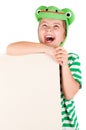 Child frog holding board Royalty Free Stock Photo