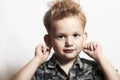 Child. funny little boy. close-up. joy. 4 eyers old. military shirt Royalty Free Stock Photo