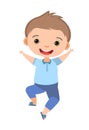 Child funny. Little boy. In fashionable clothes. Kid jumps for joy. Charming active cute character. Cute kid. Face