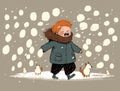 A child in a furlined parka their face filled with joy as they toss snowballs to their many dogs who happily run