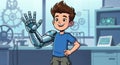 Child with futuristic robotic arm in science lab illustration. concept of artificial intelligence, technological innovation Royalty Free Stock Photo