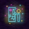 Child gamer play retro neon on wall. Dark background brick wall neon icon