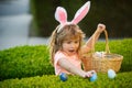 Child gathering eggs, easter egg hunt concept. Easter bunny kids. Kids in bunny ears on Easter egg hunt in garden. Royalty Free Stock Photo