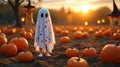 Child in Ghost Costume at Sunset Pumpkin Patch Royalty Free Stock Photo