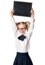 Child Girl Advertising School Blackboard, Kid in Glasses on White