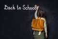 Child girl with backpack stnanding her back and writing on the blackboard with brush. Back to school, study, education, success Royalty Free Stock Photo