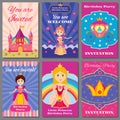 Child girl birthday, princess party vector invitations set