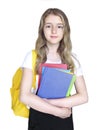 Child girl with books and backpack isolated on white. Caucasian pupil portrait.Schoolgirl Royalty Free Stock Photo