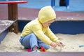 Child girl boy european playing with sand in a sandbox. Child baby one year old takes the sand with his hands touches on the Royalty Free Stock Photo