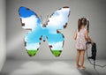 Child girl break wall, renovation creative concept Royalty Free Stock Photo