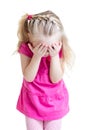 Child girl cover her face with her hand isolated