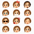 Child girl emotions face set. Emoticon smiley faces. Vector cartoon illustration Royalty Free Stock Photo