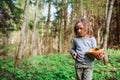 Child girl exploring nature in early spring forest. Kids learning to love nature. Teaching children about seasons changing. Royalty Free Stock Photo