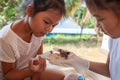 Child girl feeding water and food to baby sparrow bird with syringe Royalty Free Stock Photo