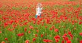 Child girl in a field of red poppies enjoys nature. Little daughter in the poppy field. Spring flower blossom meadow Royalty Free Stock Photo