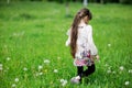 Child girl gathering dandelions on field