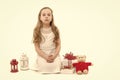 Child or girl with gift box, toy bear and lantern Royalty Free Stock Photo