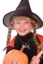 Child girl Halloween witch with pumpkin,broom