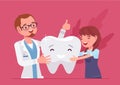 Child girl, happy dentist doctor and healthy clean tooth