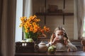 Child girl having breakfast at home in autumn morning. Real life cozy modern interior in country house Royalty Free Stock Photo