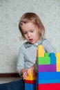 Child girl having fun and build of bright plastic construction blocks Royalty Free Stock Photo