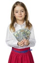 Child girl hold money in hands isolated. Royalty Free Stock Photo