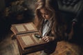 Child girl in image of Sherlock Holmes stands in room and looks photoalbum with magnifier on background of old interior. Closeup. Royalty Free Stock Photo