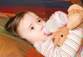 Child girl with infant formula in bottle