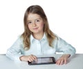 Child girl ipad laptop isolated.Kid use electronic device.