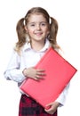 Child girl isolated caucasian holding folder book.