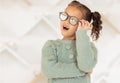 Child, girl or kid and fashion glasses, vision eye frame or medical healthcare eyes prescription in optometry clinic