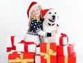 Child girl with labrador dog, christmas concept Royalty Free Stock Photo