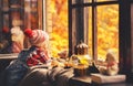 Child girl looking through open window at nature autumn Royalty Free Stock Photo