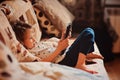 Child girl playing tablet at home