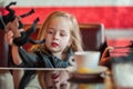 Child girl playing toy horse indoors. Childhood child toys