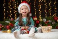 Child girl portrait in christmas decoration, happy emotions, winter holiday concept, dark background with illumination and boke li Royalty Free Stock Photo