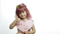 Child girl princess holds pink paper heart with text about mother. Mother`s day Royalty Free Stock Photo