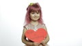 Child girl princess holds red paper heart with text about mother. Mother`s day Royalty Free Stock Photo